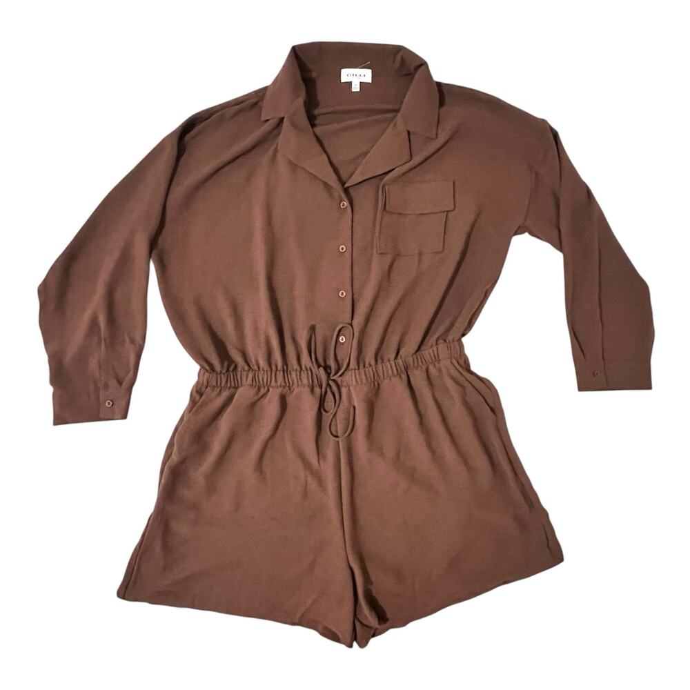 Gilli (3X) Winnie Long Sleeve Romper  Stitch Fix Button Front Collared Waist Tie
